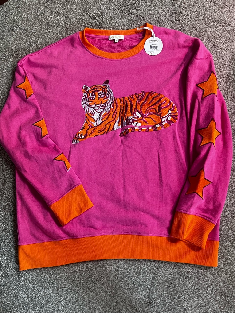 Jane Marie Hot Pink Sequin Tiger Sweatshirt with Orange Ribbed Collar-Large